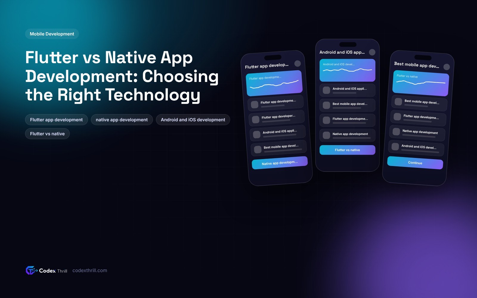 Two smartphone outlines sharing one codebase block, illustrating Flutter versus native app development