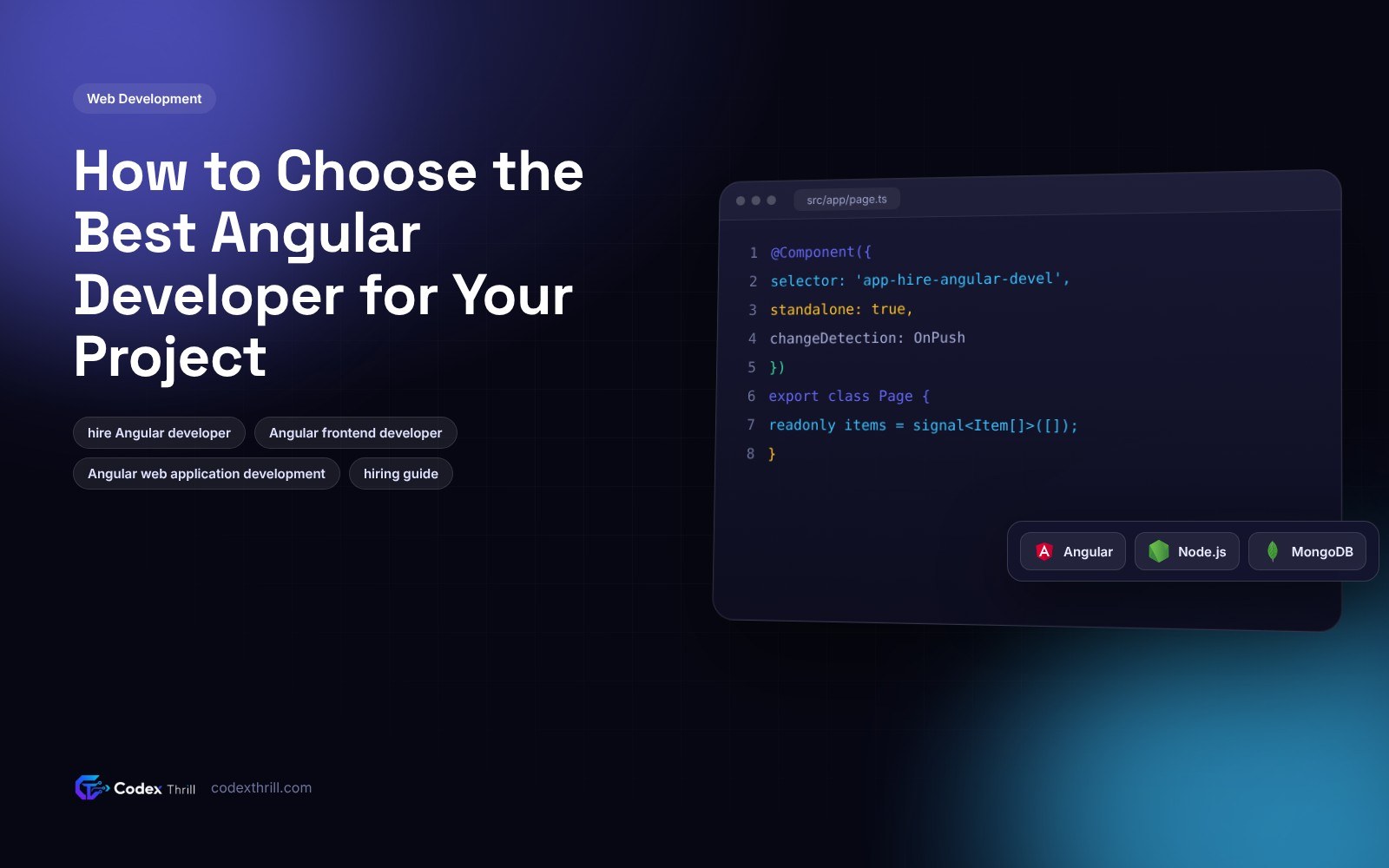 Abstract component tree and browser window illustrating Angular frontend development