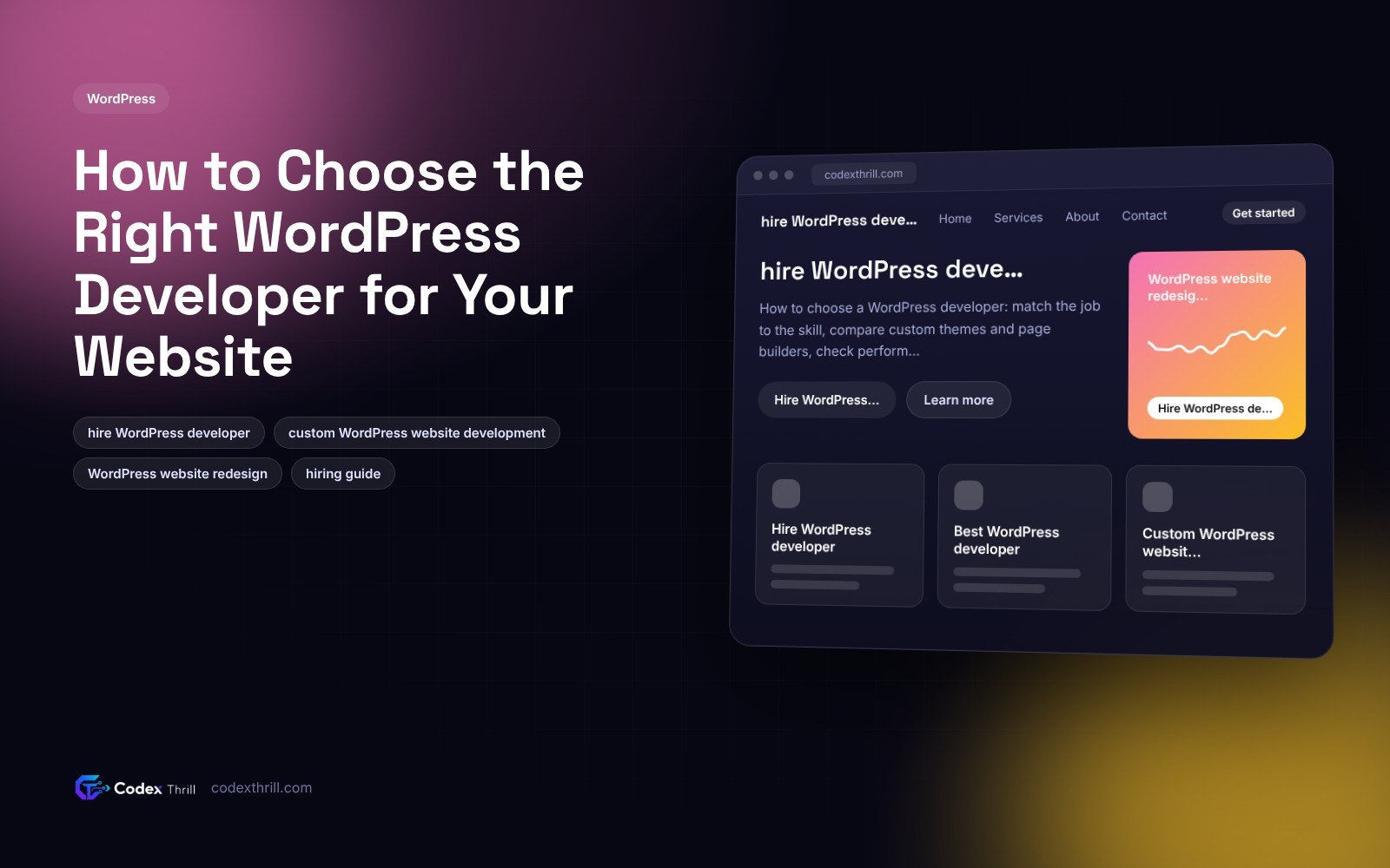Website layout blocks and a browser window illustrating custom WordPress development