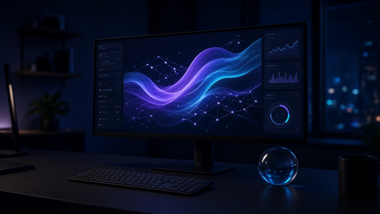Dark engineering studio with a product interface on a wide monitor